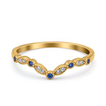 14K Yellow Gold Curved Marquise Half Eternity Stackable Ring Simulated Blue Sapphire CZ Size-7